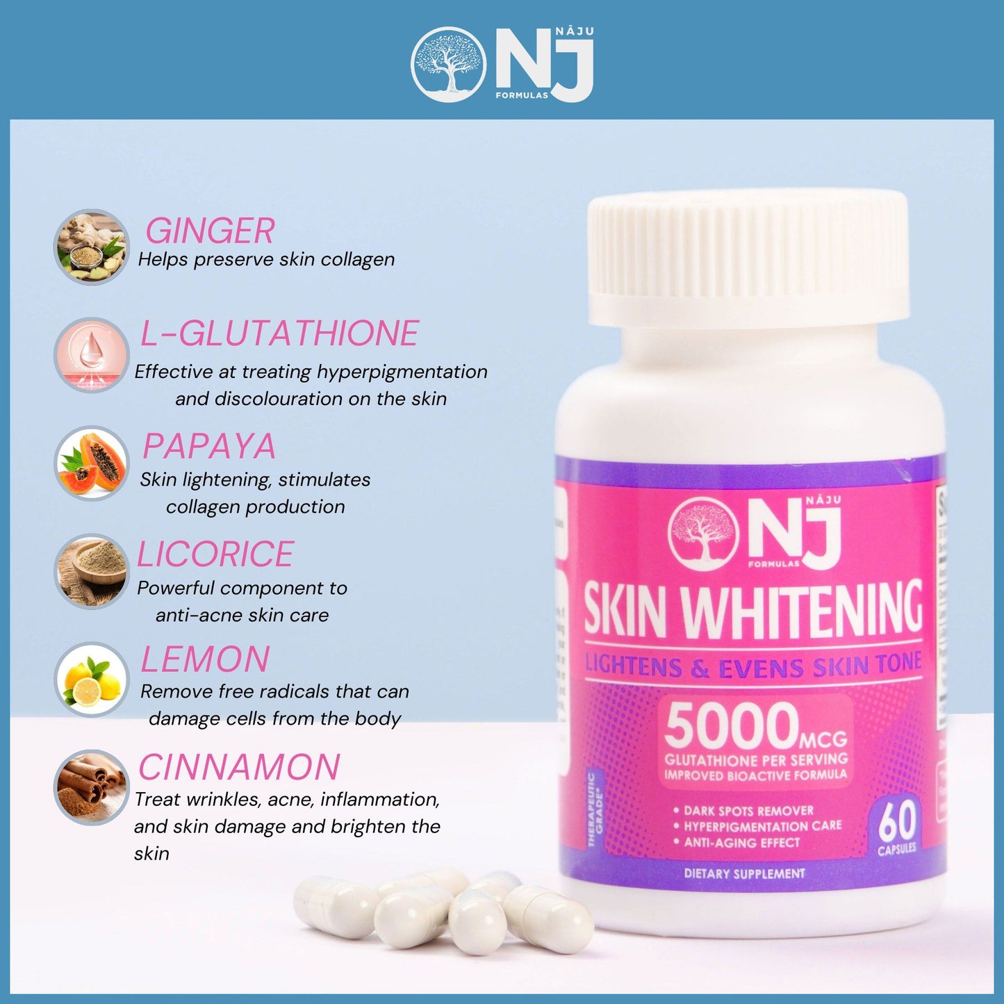 Skin Whitening Glutathione Advanced (NAJU) Dark spot remover, lightens & Even Skin Tone, Enhance Immunity, Moisturize skin, Antioxidant, Anti-aging effect
