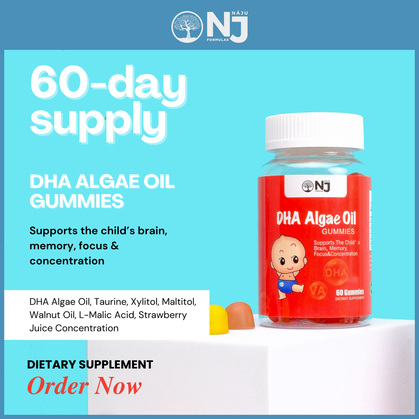 DHA Algae Oil Dietary Supplement - Supports Child's Brain, Memory, Focus & Concentration by NAJU