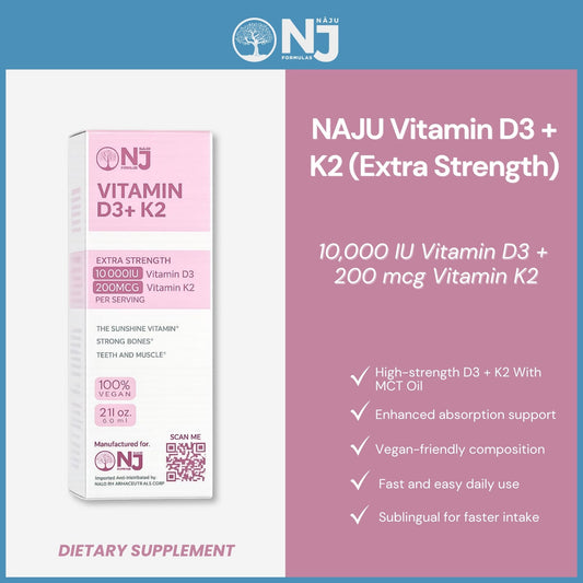 NAJU Vitamin D3 + K2 (Extra Strength) 10,000 IU Vitamin D3 and 200 mcg Vitamin K2