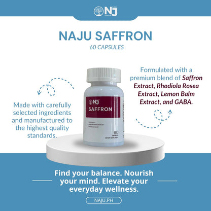 NAJU Saffron Capsules, formulated with a premium blend of Saffron Extract, Rhodiola Rosea Extract, Lemon Balm Extract, and GABA