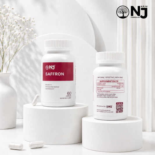 NAJU Saffron Capsules, formulated with a premium blend of Saffron Extract, Rhodiola Rosea Extract, Lemon Balm Extract, and GABA